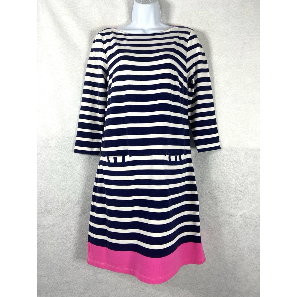Lilly Pulitzer Dress Womens Medium White Blue Shift 3/4 Sleeves Striped Nautical